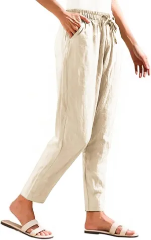 Linen Capris for Women High Waisted Cotton Linen Tapered Cropped Pants Summer Straight Leg Drawstring Trousers
