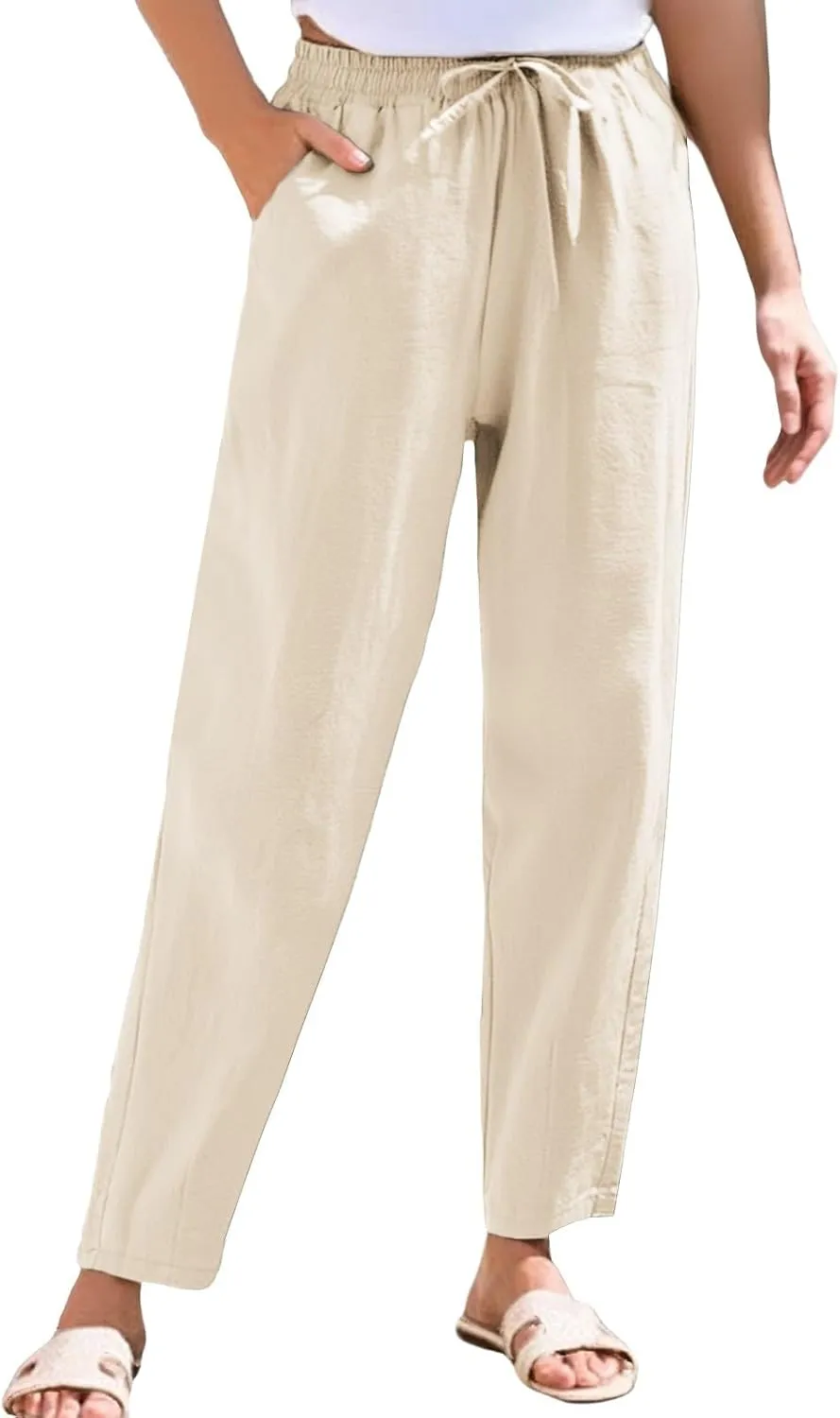 Linen Capris for Women High Waisted Cotton Linen Tapered Cropped Pants Summer Straight Leg Drawstring Trousers