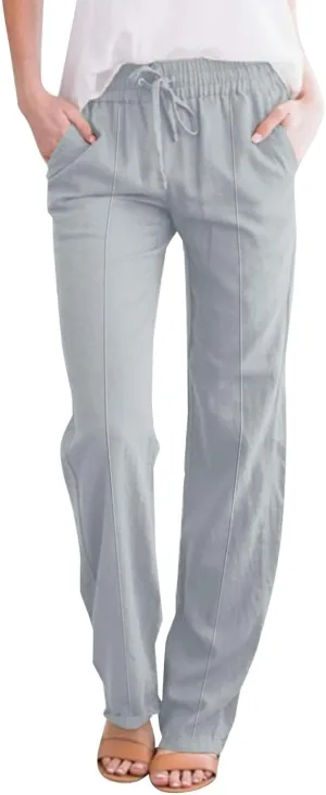 Linen Cotton Pants Women Straight Lounge Elastic Waist Lightweight Casual Wide Leg Trousers Women