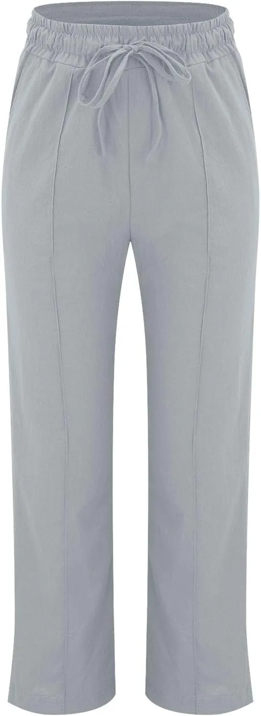 Linen Cotton Pants Women Straight Lounge Elastic Waist Lightweight Casual Wide Leg Trousers Women