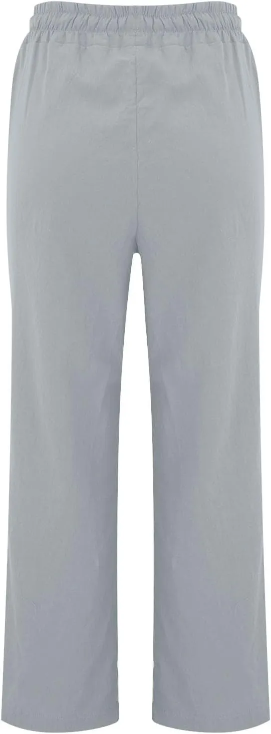 Linen Cotton Pants Women Straight Lounge Elastic Waist Lightweight Casual Wide Leg Trousers Women