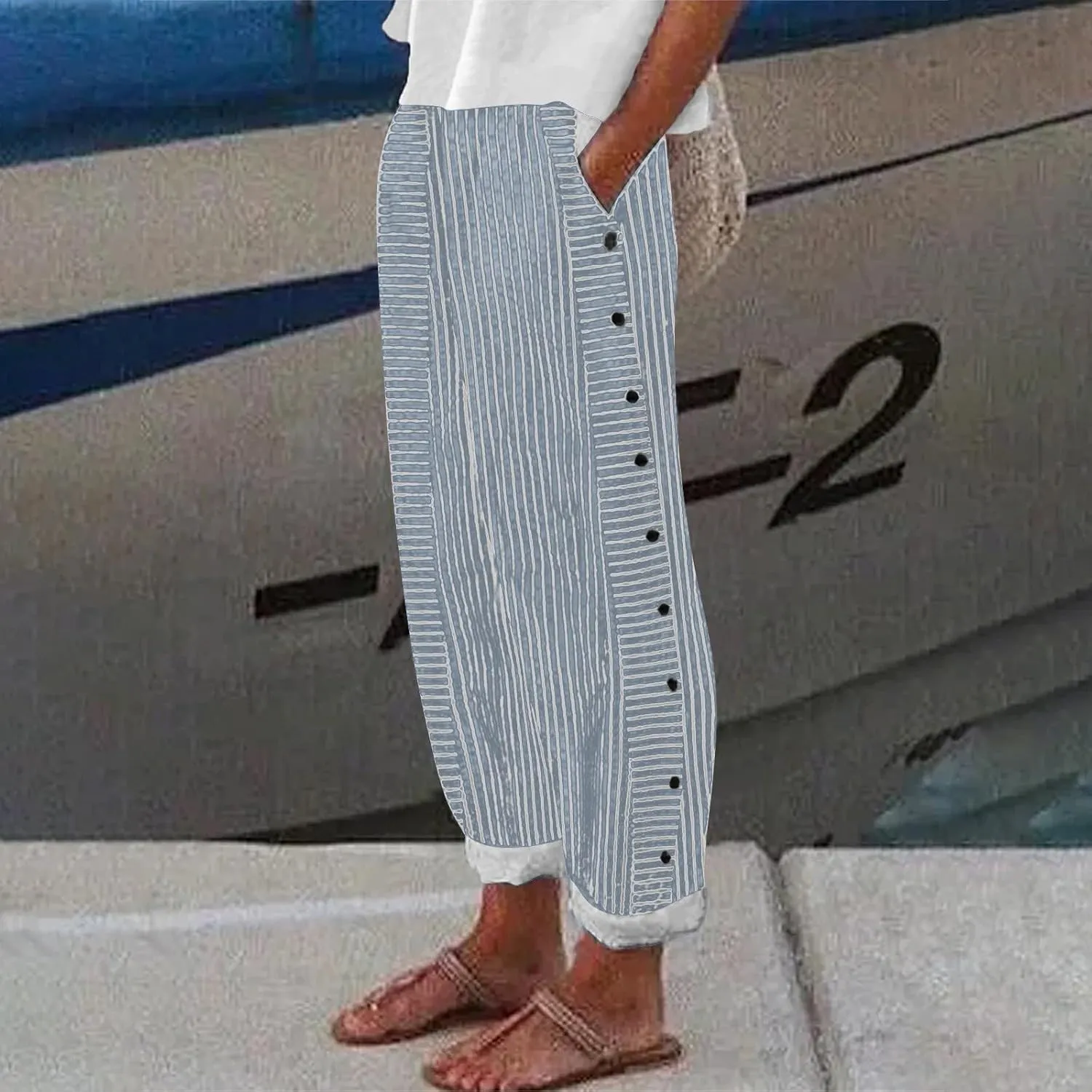 Linen Pants for Women 2025 Plus Size Trendy Striped Summer Gauze Pants Casual Elastic Waist Comfy Trousers
