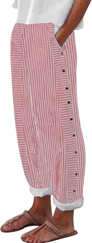 Linen Pants for Women 2025 Plus Size Trendy Striped Summer Gauze Pants Casual Elastic Waist Comfy Trousers