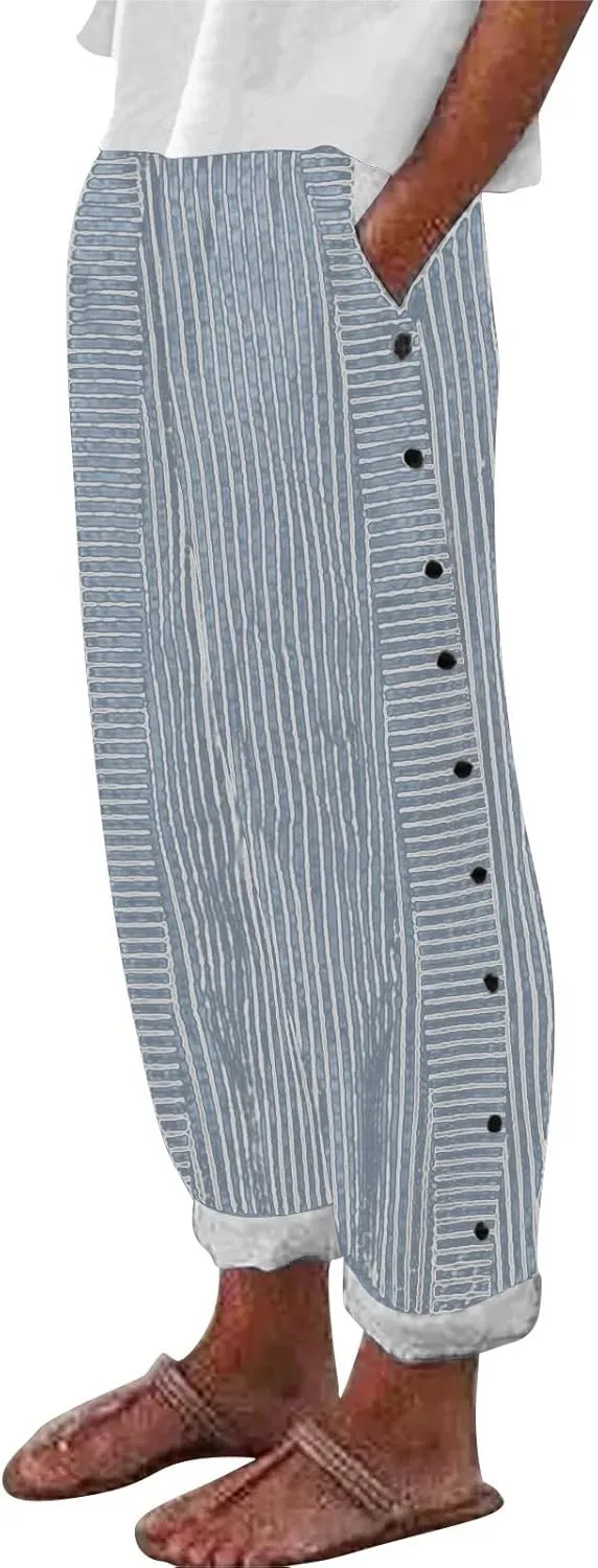 Linen Pants for Women 2025 Plus Size Trendy Striped Summer Gauze Pants Casual Elastic Waist Comfy Trousers