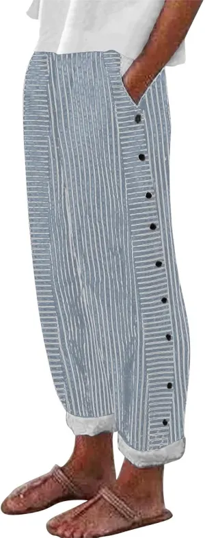 Linen Pants for Women 2025 Plus Size Trendy Striped Summer Gauze Pants Casual Elastic Waist Comfy Trousers