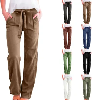 Linen Pants Women Plus Size Business Dress Pants Summer Tie Knot Wide Leg Pant High Waisted Palazzo Pant