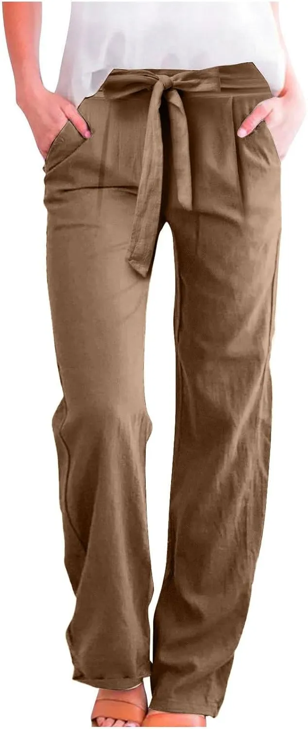 Linen Pants Women Plus Size Business Dress Pants Summer Tie Knot Wide Leg Pant High Waisted Palazzo Pant