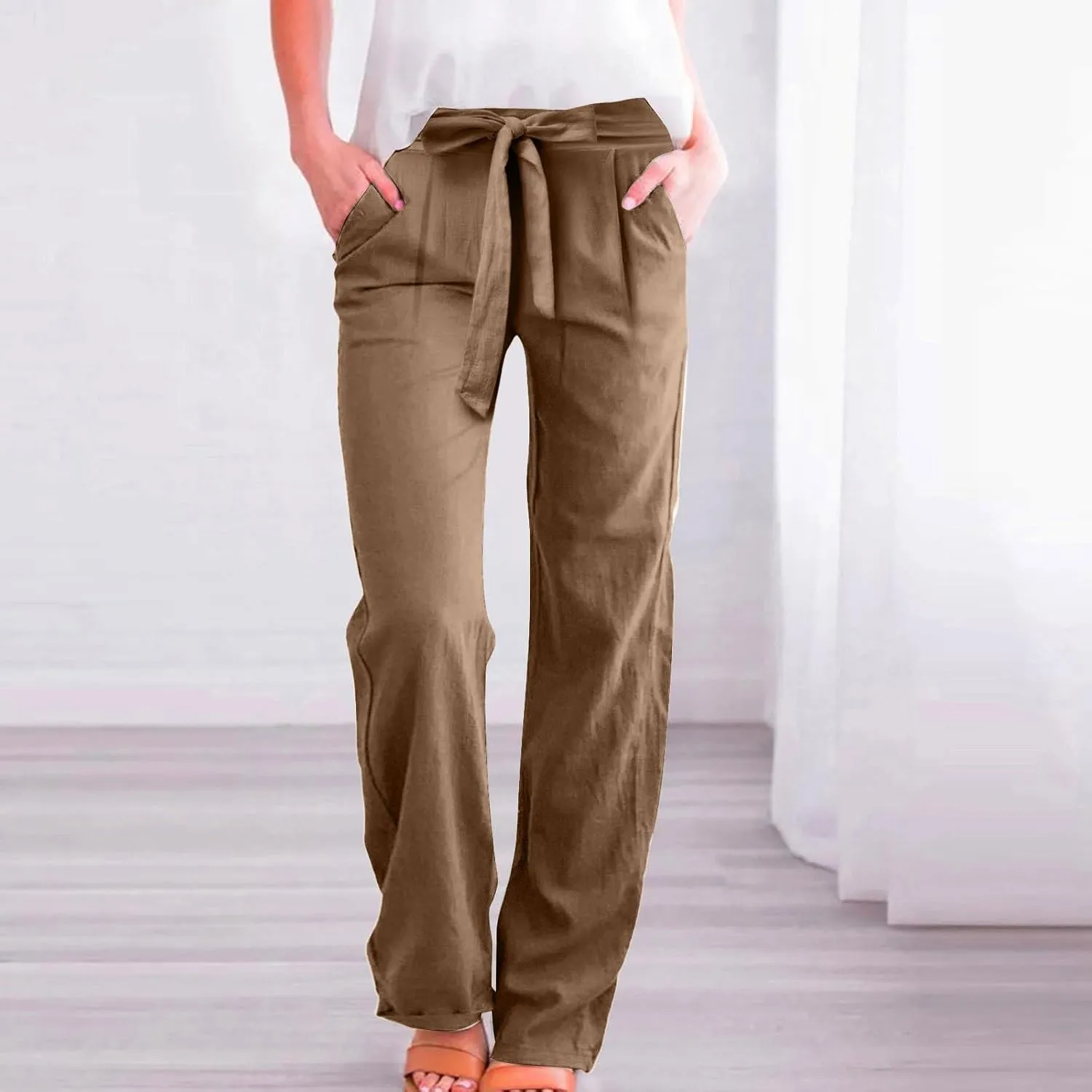 Linen Pants Women Plus Size Business Dress Pants Summer Tie Knot Wide Leg Pant High Waisted Palazzo Pant