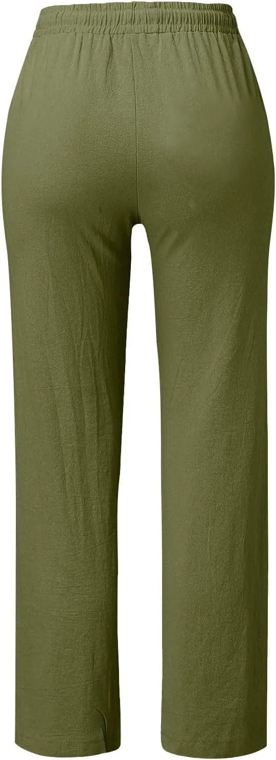 Linen Pants Women Summer Petite 2025 Summer Casual Palazzo Drawstring Cotton Linen Pants Beach Trousers with Pockets