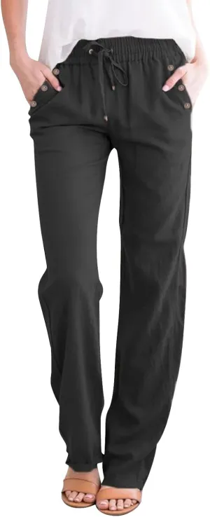 Linen Pants Women Summer Petite 2025 Summer Casual Palazzo Drawstring Cotton Linen Pants Beach Trousers with Pockets