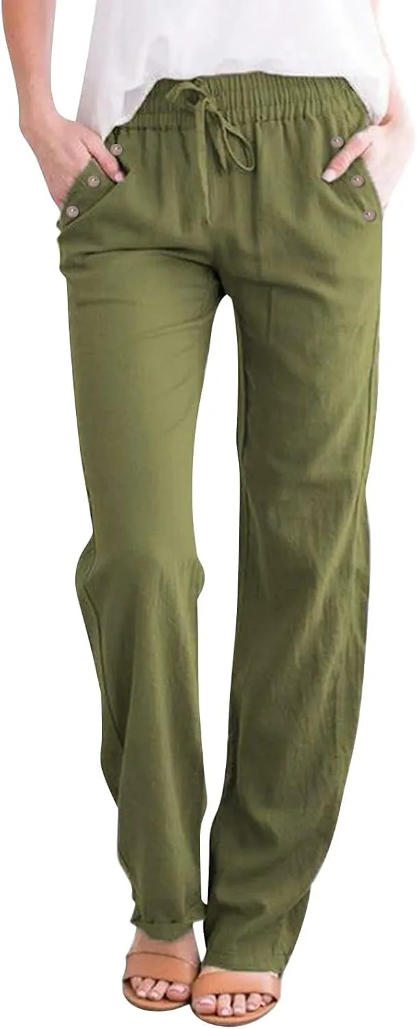 Linen Pants Women Summer Petite 2025 Summer Casual Palazzo Drawstring Cotton Linen Pants Beach Trousers with Pockets
