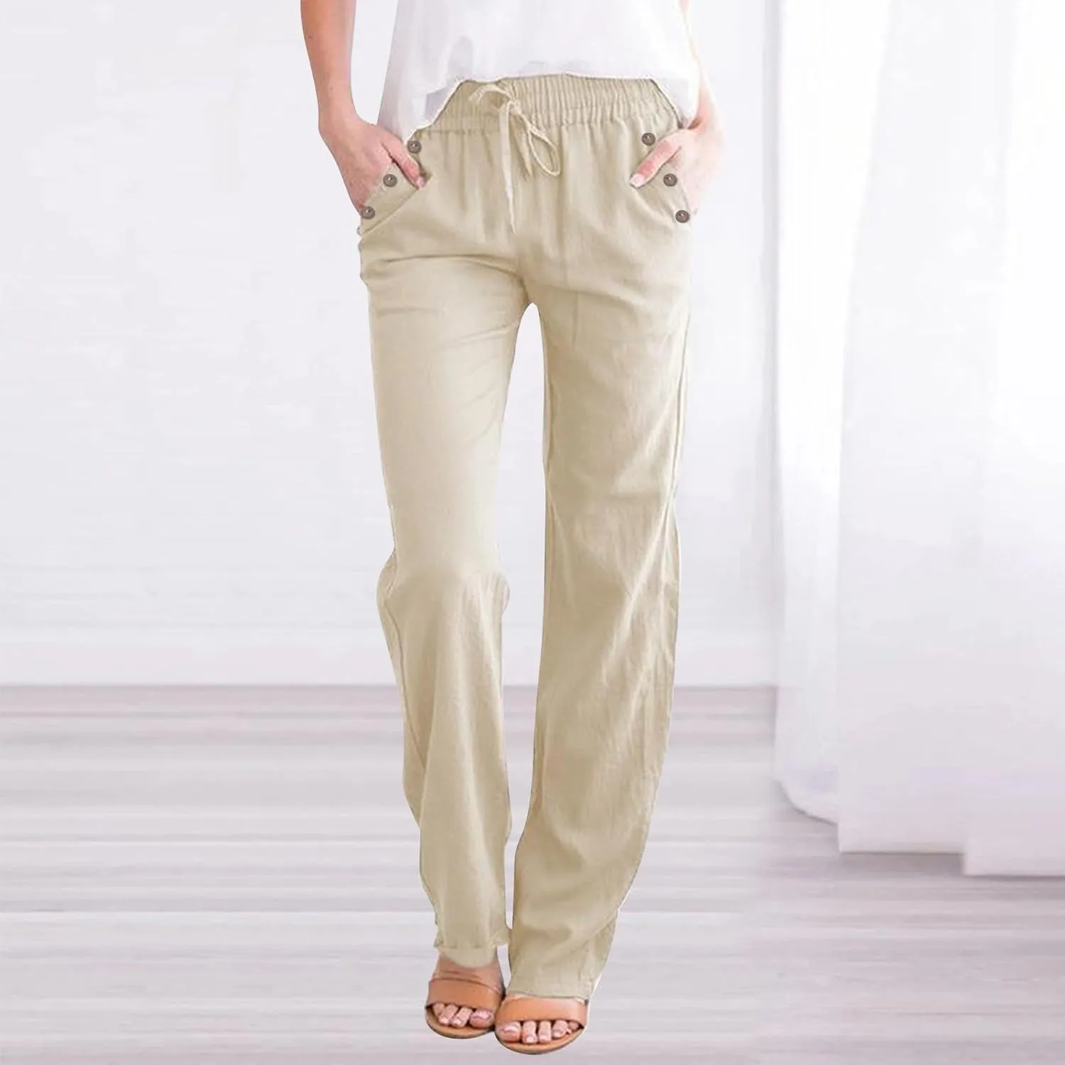 Linen Pants Women Summer Petite 2025 Summer Casual Palazzo Drawstring Cotton Linen Pants Beach Trousers with Pockets