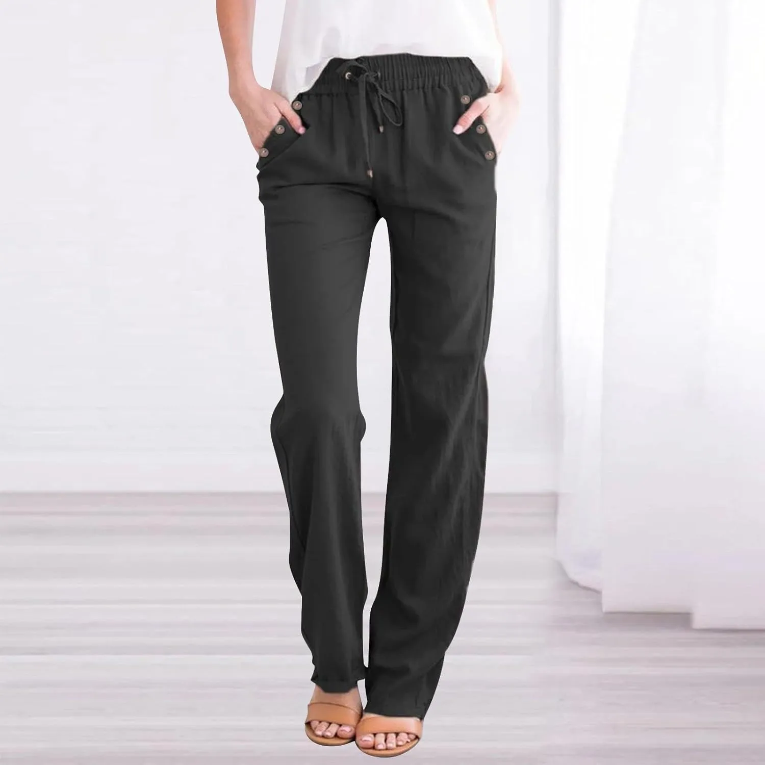 Linen Pants Women Summer Petite 2025 Summer Casual Palazzo Drawstring Cotton Linen Pants Beach Trousers with Pockets
