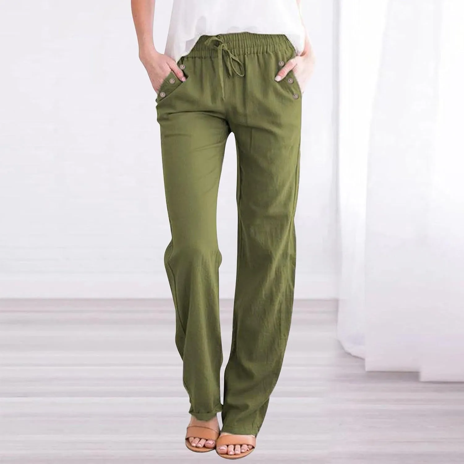 Linen Pants Women Summer Petite 2025 Summer Casual Palazzo Drawstring Cotton Linen Pants Beach Trousers with Pockets