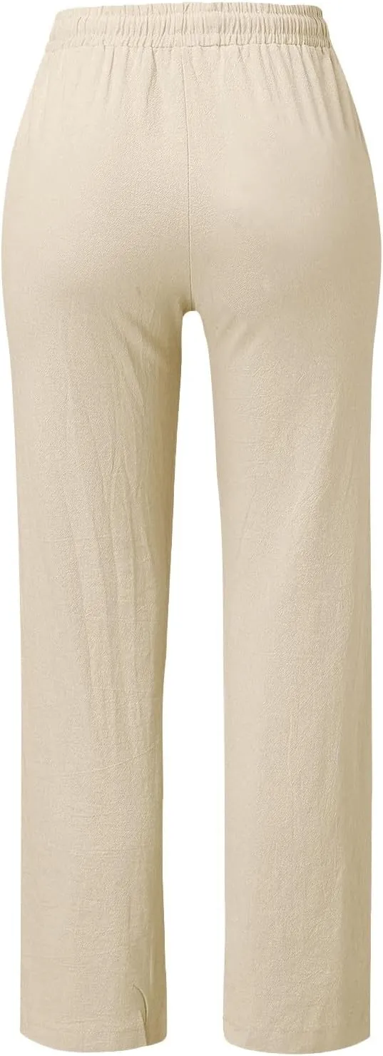 Linen Pants Women Summer Petite 2025 Summer Casual Palazzo Drawstring Cotton Linen Pants Beach Trousers with Pockets