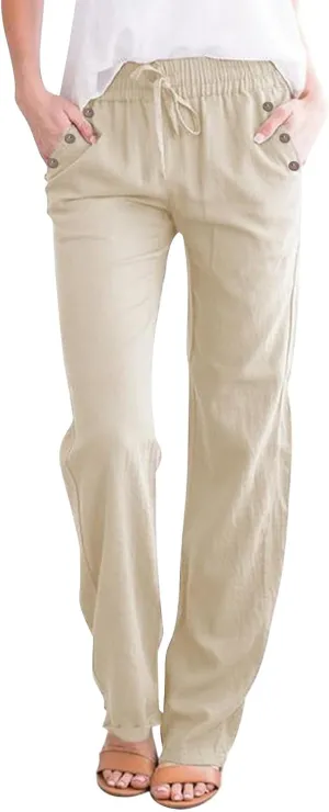 Linen Pants Women Summer Petite 2025 Summer Casual Palazzo Drawstring Cotton Linen Pants Beach Trousers with Pockets