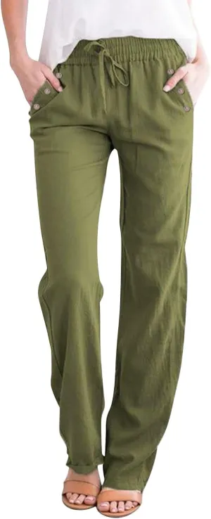 Linen Pants Women Summer Petite 2025 Summer Casual Palazzo Drawstring Cotton Linen Pants Beach Trousers with Pockets