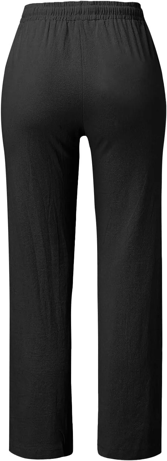 Linen Pants Women Summer Petite 2025 Summer Casual Palazzo Drawstring Cotton Linen Pants Beach Trousers with Pockets