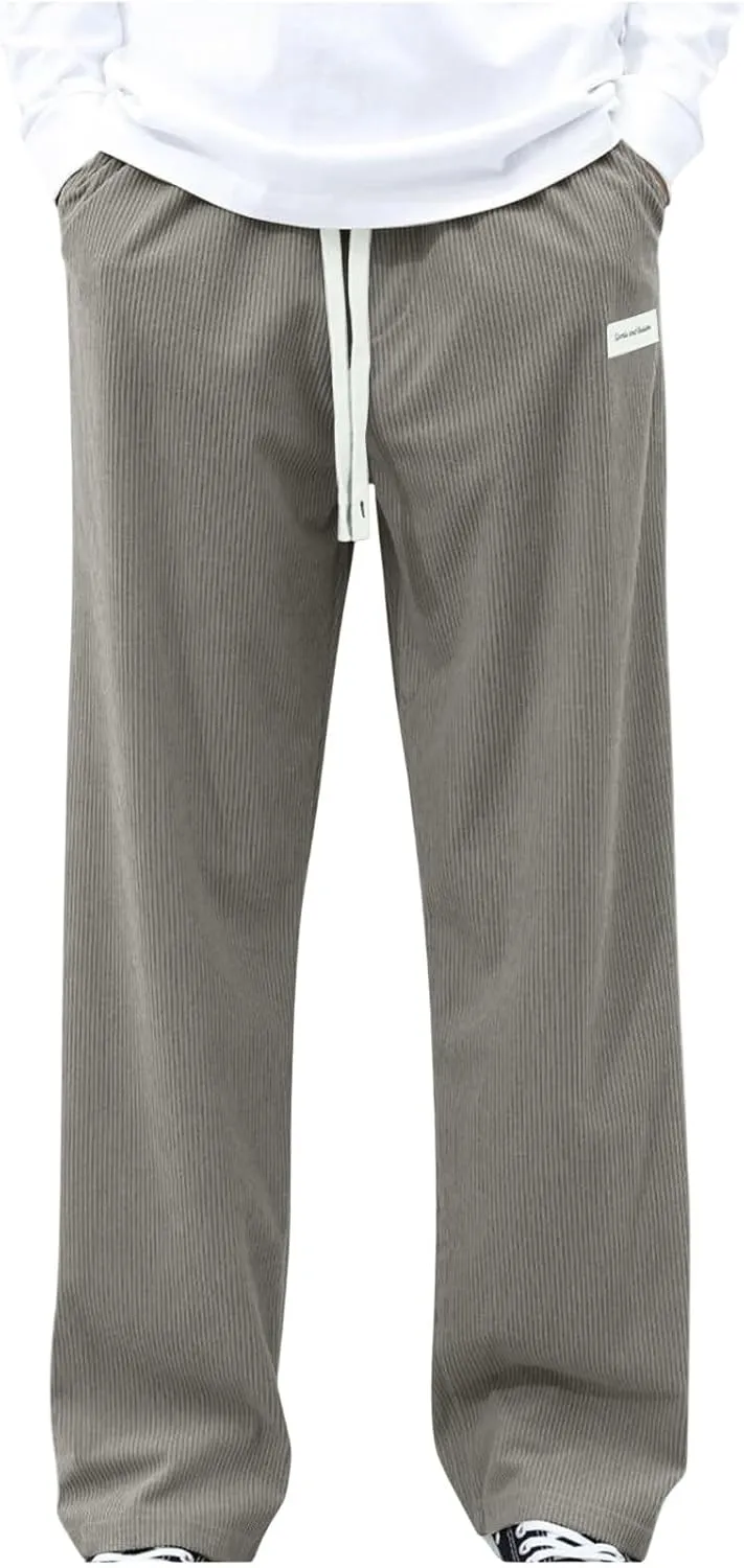 Mens Corduroy Pants Casual Drawstring Pant with Pockets Fashion Loose Fit Wide Leg Sweatpants Baggy Retro Trousers
