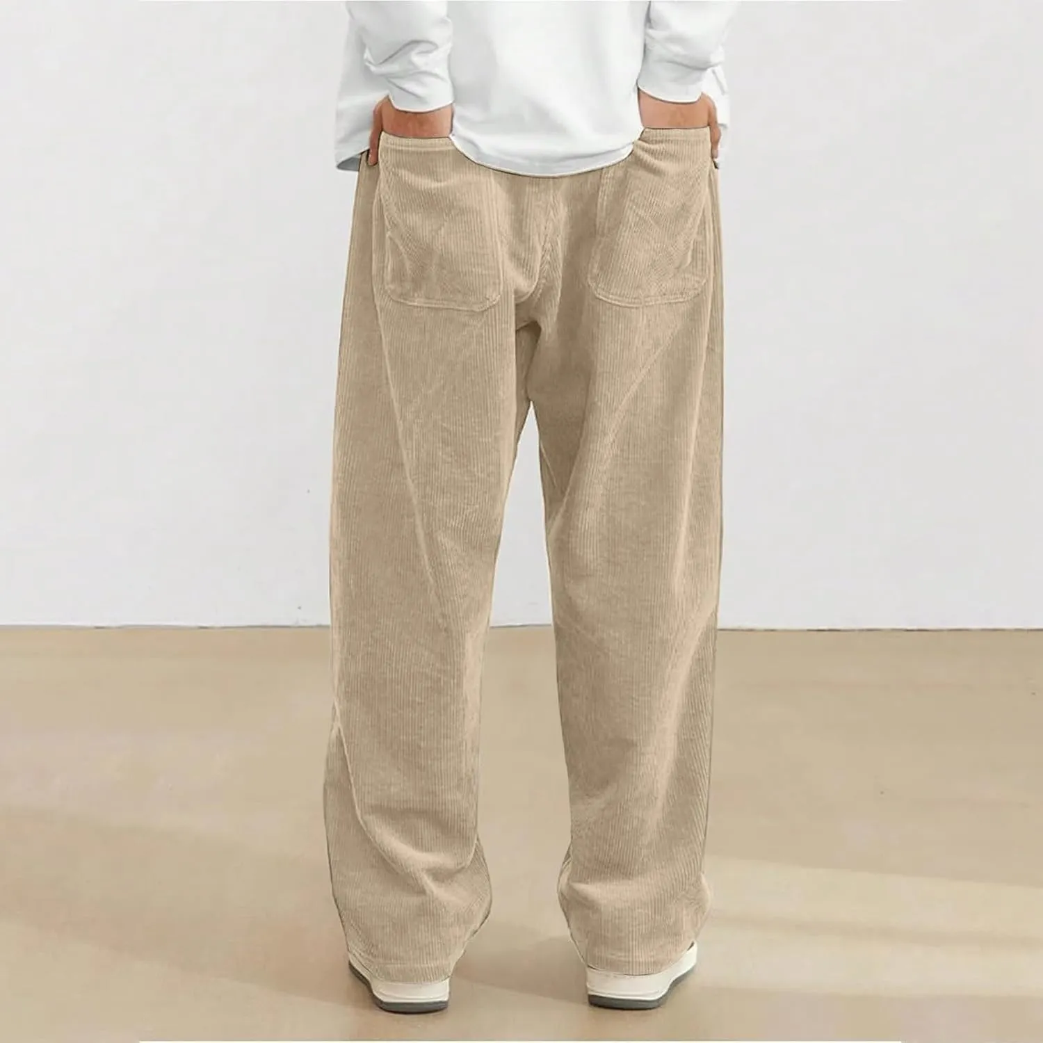 Mens Corduroy Pants Casual Drawstring Pant with Pockets Fashion Loose Fit Wide Leg Sweatpants Baggy Retro Trousers