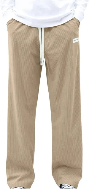 Mens Corduroy Pants Casual Drawstring Pant with Pockets Fashion Loose Fit Wide Leg Sweatpants Baggy Retro Trousers