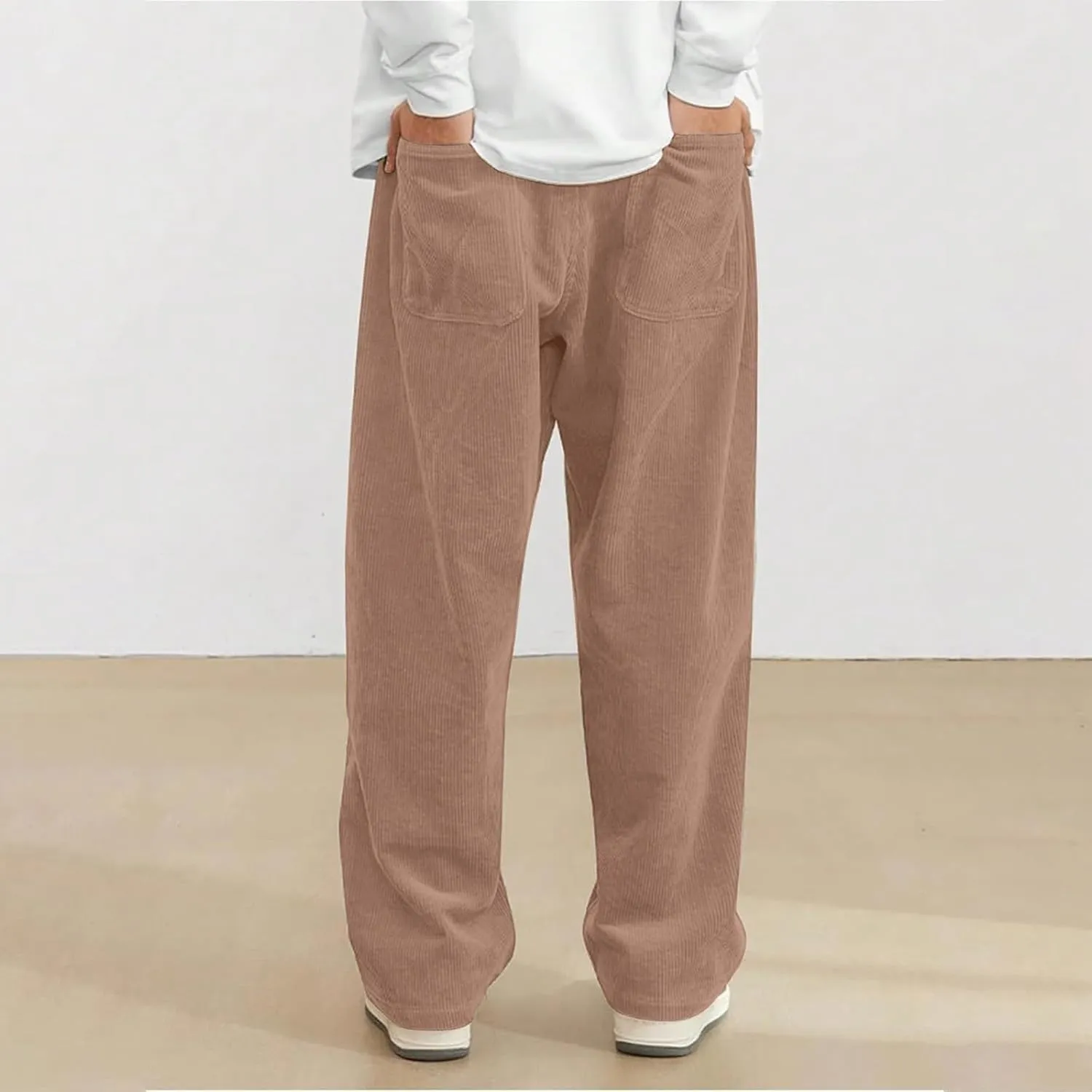 Mens Corduroy Pants Casual Drawstring Pant with Pockets Fashion Loose Fit Wide Leg Sweatpants Baggy Retro Trousers