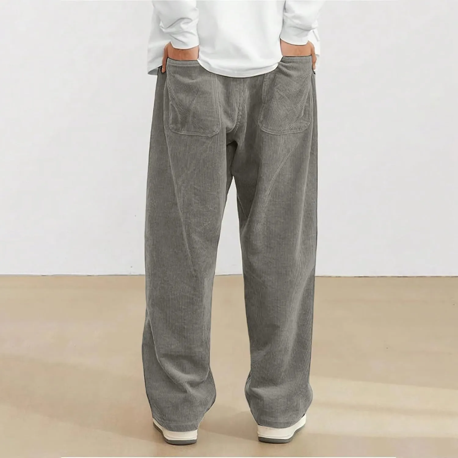 Mens Corduroy Pants Casual Drawstring Pant with Pockets Fashion Loose Fit Wide Leg Sweatpants Baggy Retro Trousers
