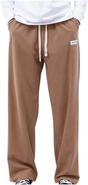 Mens Corduroy Pants Casual Drawstring Pant with Pockets Fashion Loose Fit Wide Leg Sweatpants Baggy Retro Trousers
