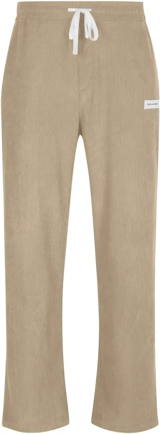 Mens Corduroy Pants Casual Drawstring Pant with Pockets Fashion Loose Fit Wide Leg Sweatpants Baggy Retro Trousers