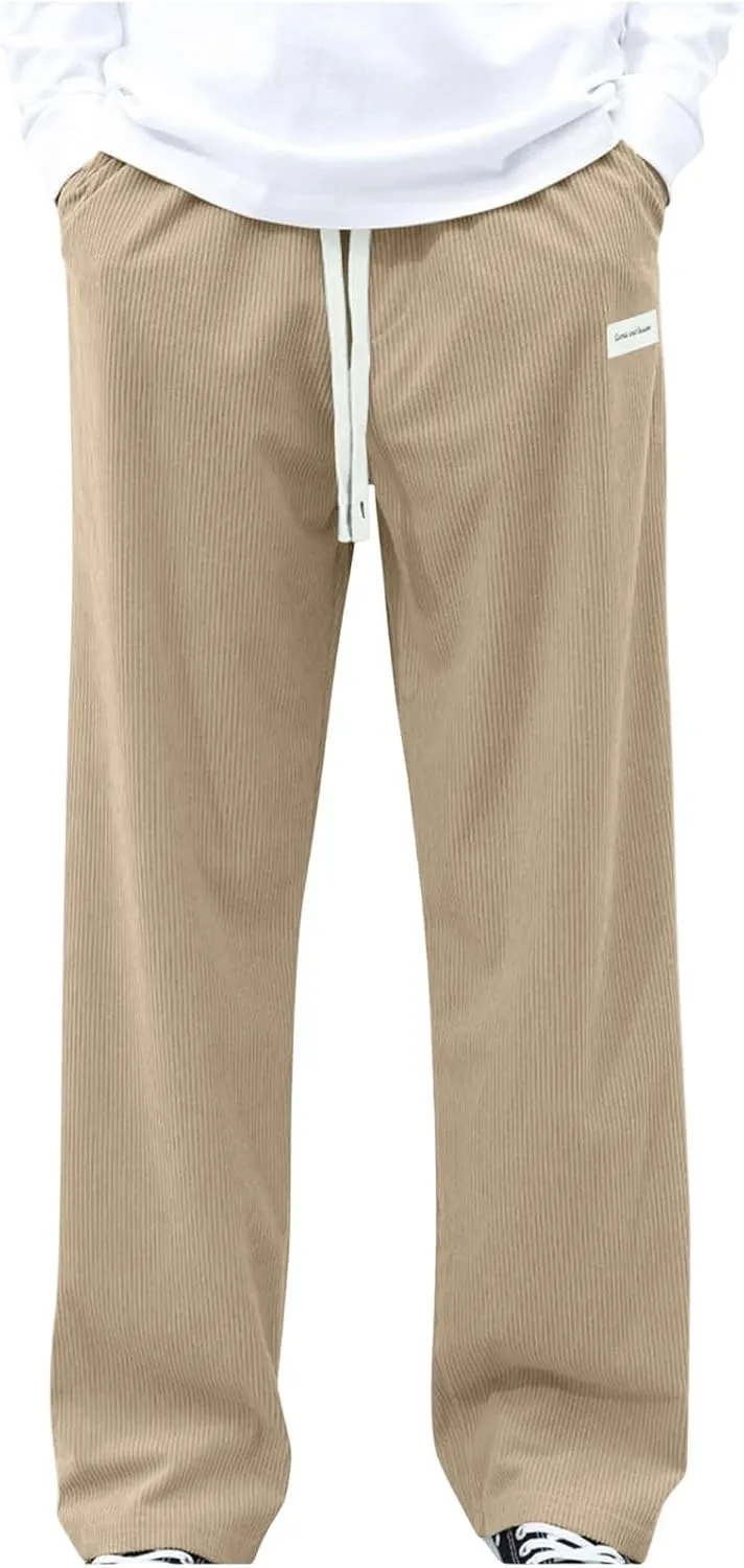 Mens Corduroy Pants Casual Drawstring Pant with Pockets Fashion Loose Fit Wide Leg Sweatpants Baggy Retro Trousers