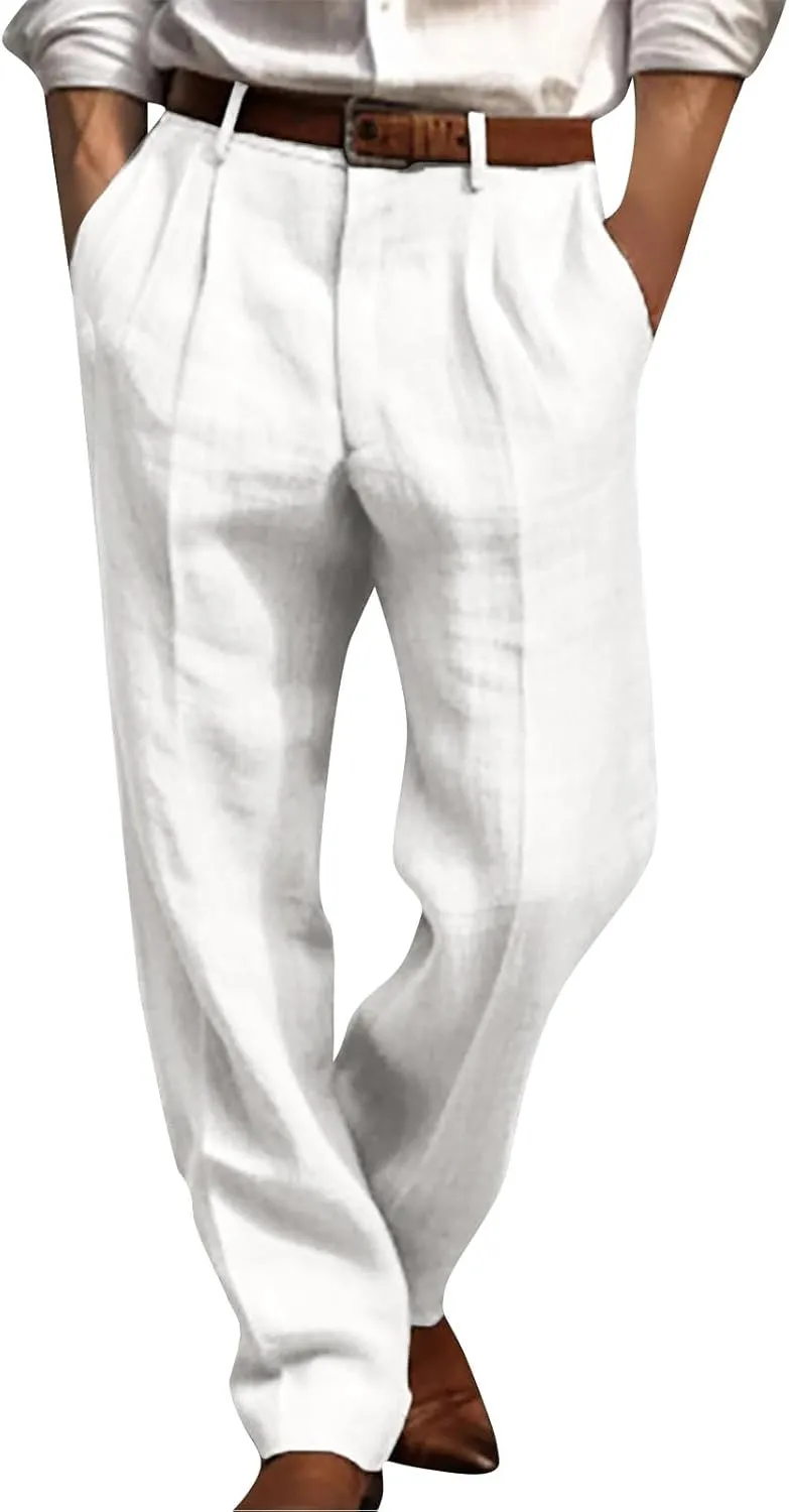 Men's Linen Cotton Pants Relaxed Fit Yoga Pants Summer Casual Beach Trousers with Pockets