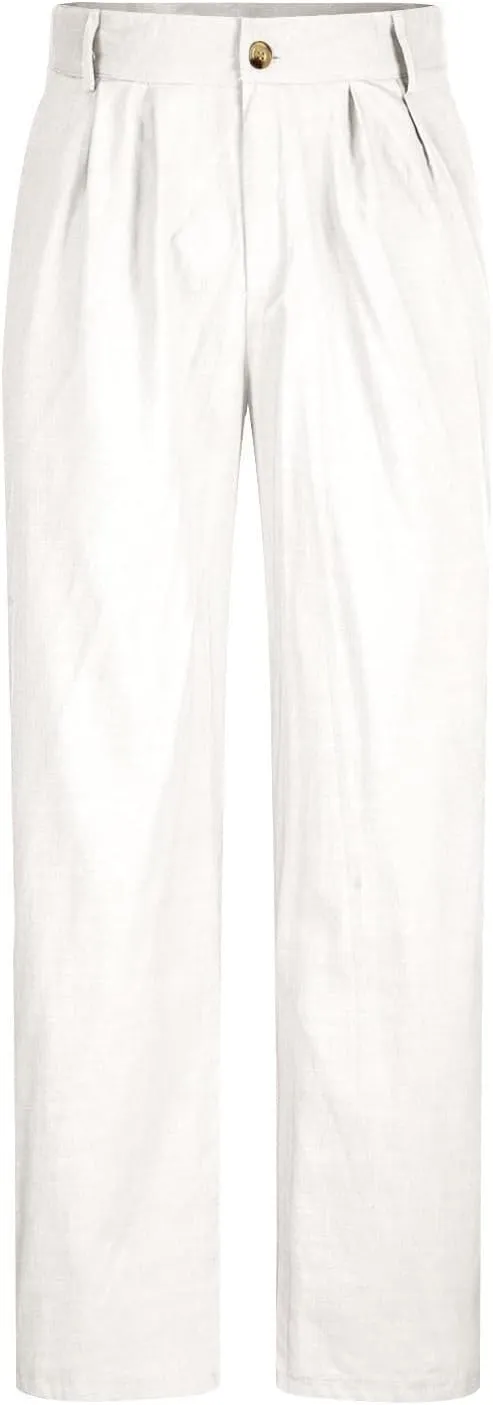 Men's Linen Cotton Pants Relaxed Fit Yoga Pants Summer Casual Beach Trousers with Pockets