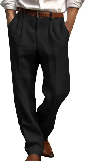 Men's Linen Cotton Pants Relaxed Fit Yoga Pants Summer Casual Beach Trousers with Pockets