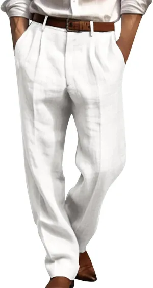 Men's Linen Cotton Pants Relaxed Fit Yoga Pants Summer Casual Beach Trousers with Pockets