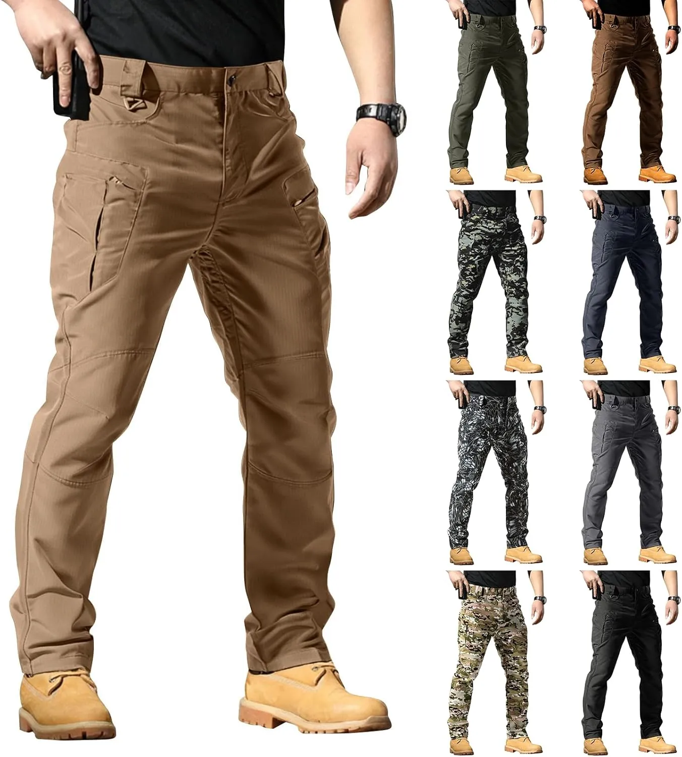 Mens Tactical Pants Flexcamo Water Resistant Quick Dry Carpenter Pants Multi-Pockets Slim Fit Construction Trousers