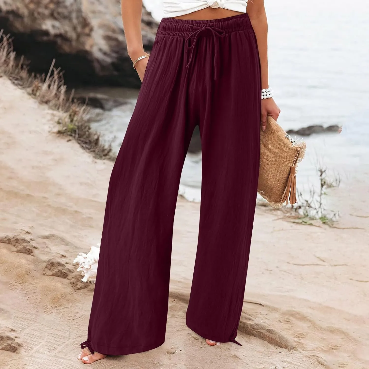 Pantalones para Mujer Linen Pants Comfy Work Pants with Elastic High Waist Paper Bag Linen Dress Pants for Women