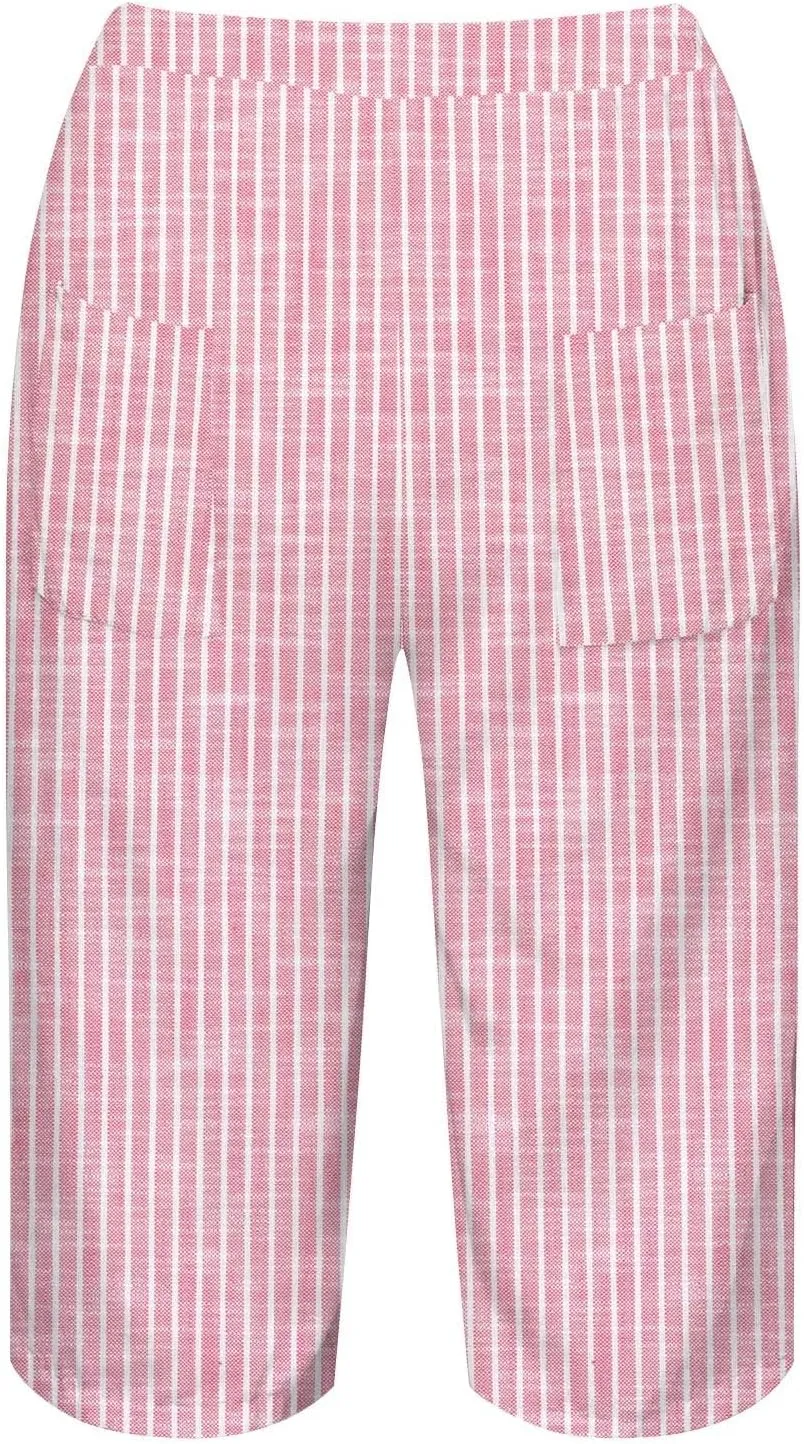 Pedal Pushers for Women Knee Length Linen Casual Striped Bermuda Shorts Summer Elastic Waisted Capris with Pocket