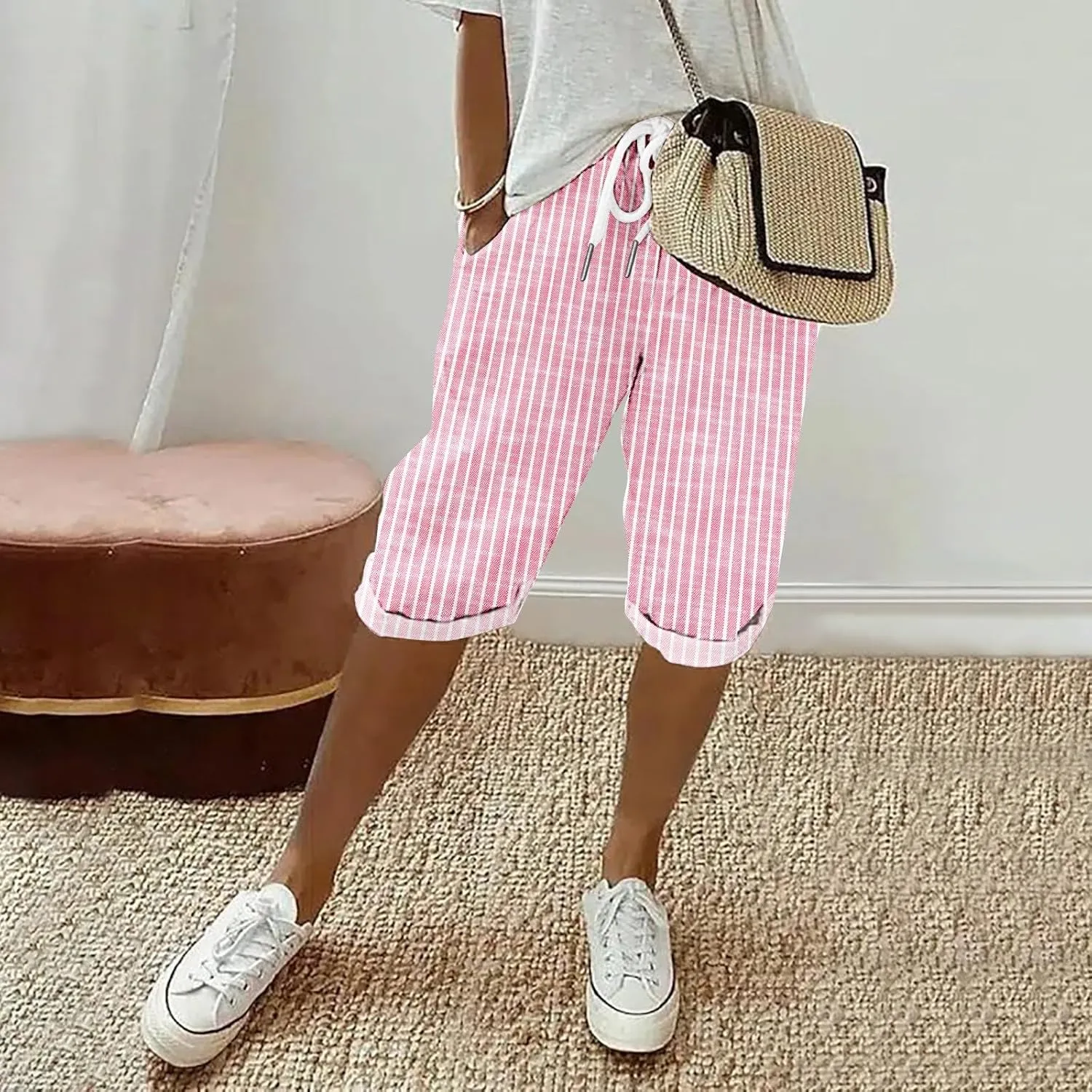 Pedal Pushers for Women Knee Length Linen Casual Striped Bermuda Shorts Summer Elastic Waisted Capris with Pocket