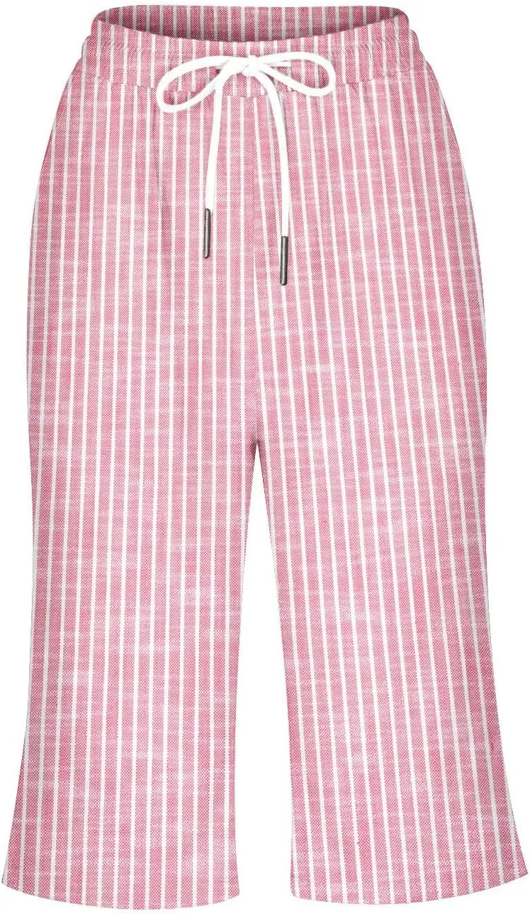 Pedal Pushers for Women Knee Length Linen Casual Striped Bermuda Shorts Summer Elastic Waisted Capris with Pocket
