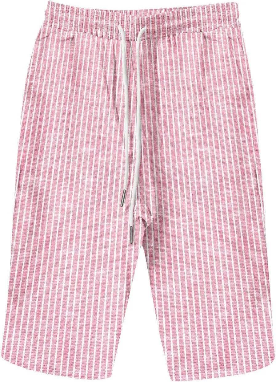 Pedal Pushers for Women Knee Length Linen Casual Striped Bermuda Shorts Summer Elastic Waisted Capris with Pocket