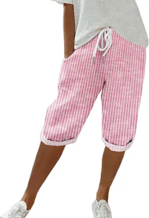 Pedal Pushers for Women Knee Length Linen Casual Striped Bermuda Shorts Summer Elastic Waisted Capris with Pocket