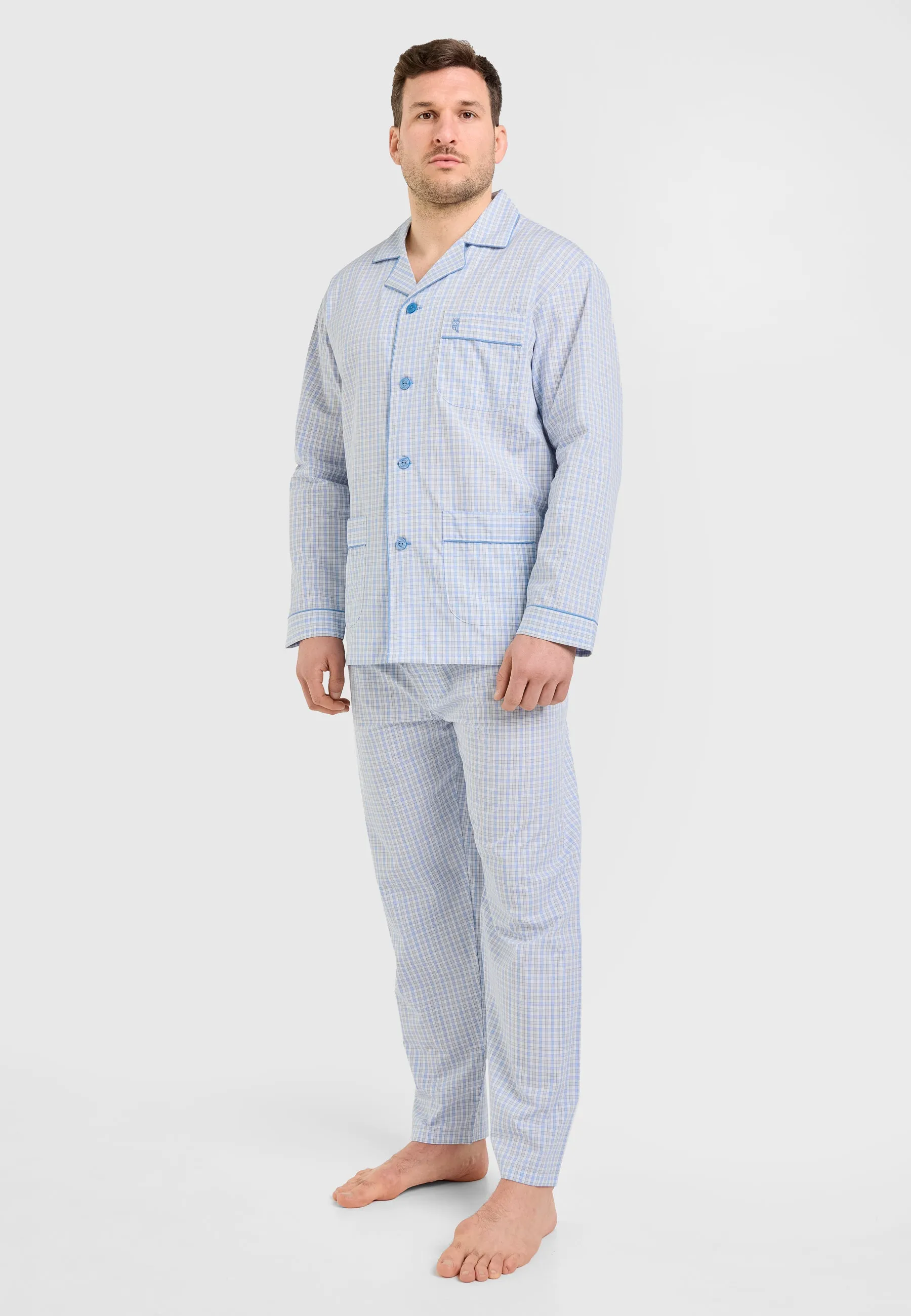 Pijama Hombre Largo Solapa Algodón Popelín Cuadros - Gris 1524_20
