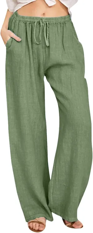 Rvidbe Linen Pants Women Summer Wide Leg Casual Loose Drawstring Pants Lounge High Waist Palazzo Pants Trousers with Pockets