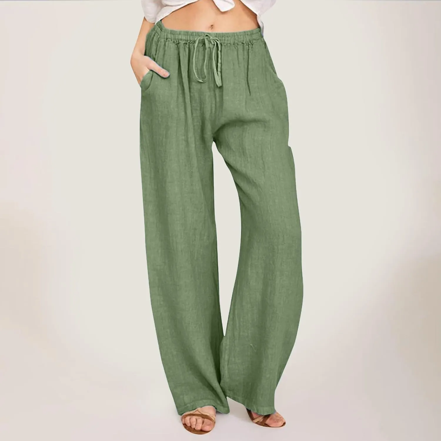 Rvidbe Linen Pants Women Summer Wide Leg Casual Loose Drawstring Pants Lounge High Waist Palazzo Pants Trousers with Pockets