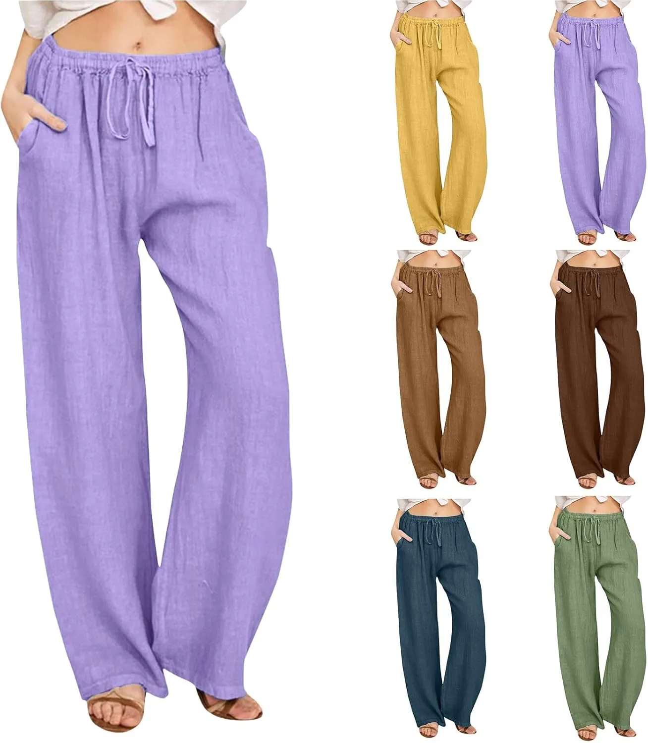 Rvidbe Linen Pants Women Summer Wide Leg Casual Loose Drawstring Pants Lounge High Waist Palazzo Pants Trousers with Pockets