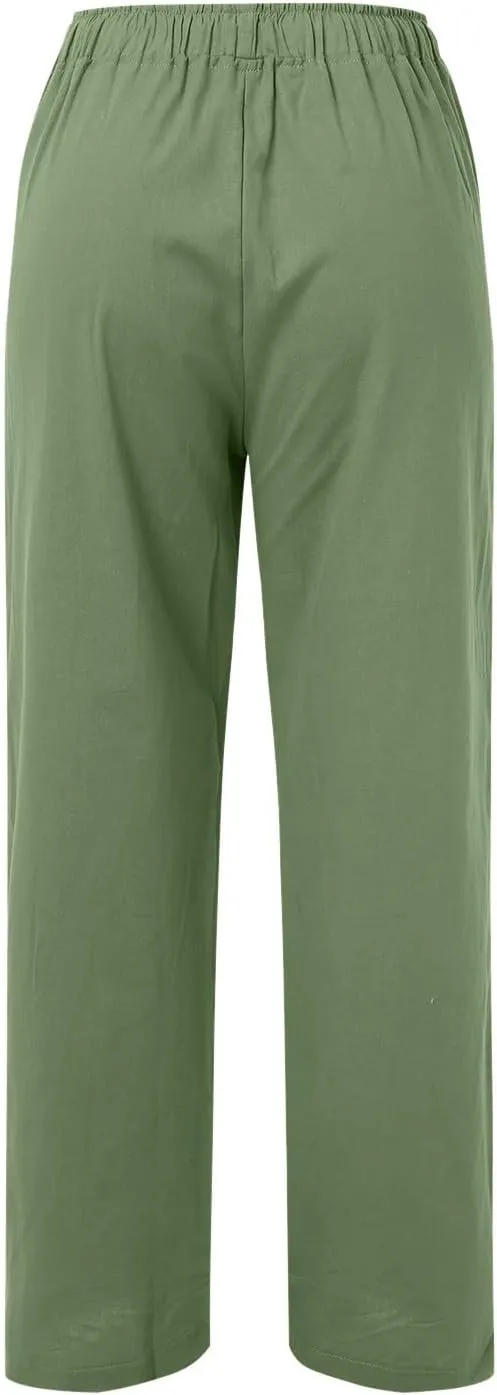 Rvidbe Linen Pants Women Summer Wide Leg Casual Loose Drawstring Pants Lounge High Waist Palazzo Pants Trousers with Pockets