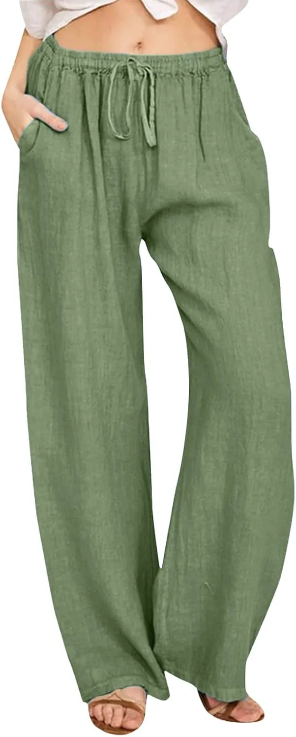 Rvidbe Linen Pants Women Summer Wide Leg Casual Loose Drawstring Pants Lounge High Waist Palazzo Pants Trousers with Pockets