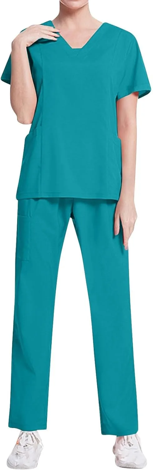 Scrubs Set for Women Nursing Uniforms Set V-Neck Top & Tapered Leg Jogger Pants Scrub Tops and Scrub Pants