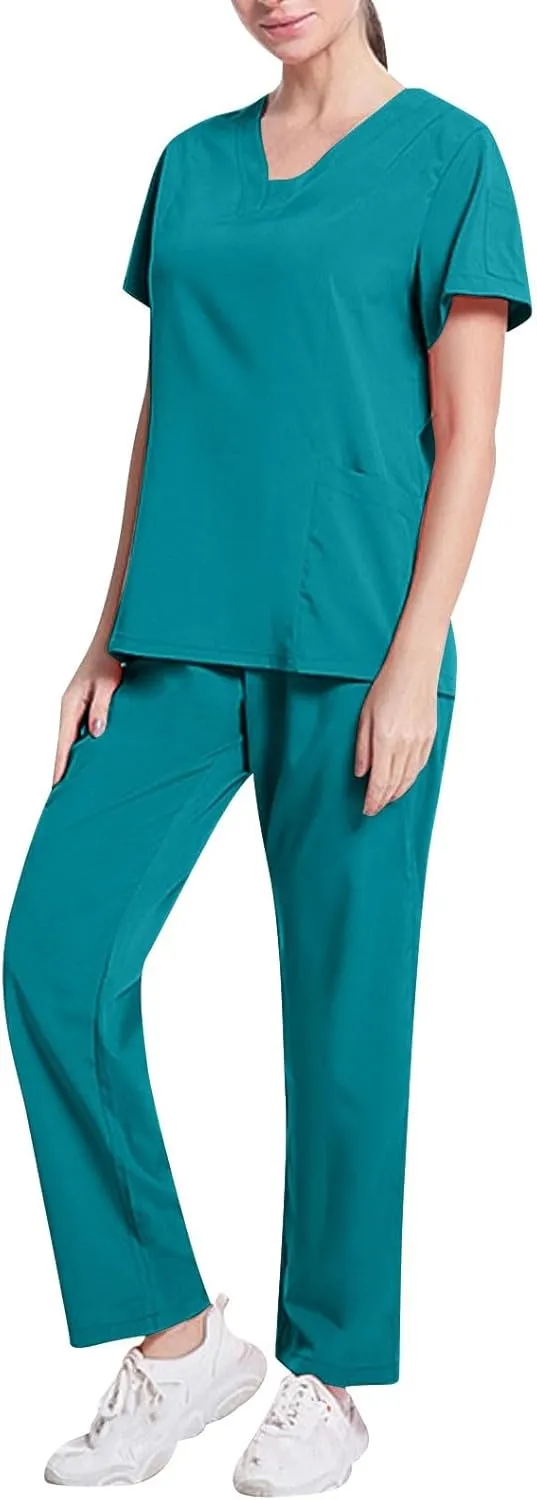 Scrubs Set for Women Nursing Uniforms Set V-Neck Top & Tapered Leg Jogger Pants Scrub Tops and Scrub Pants