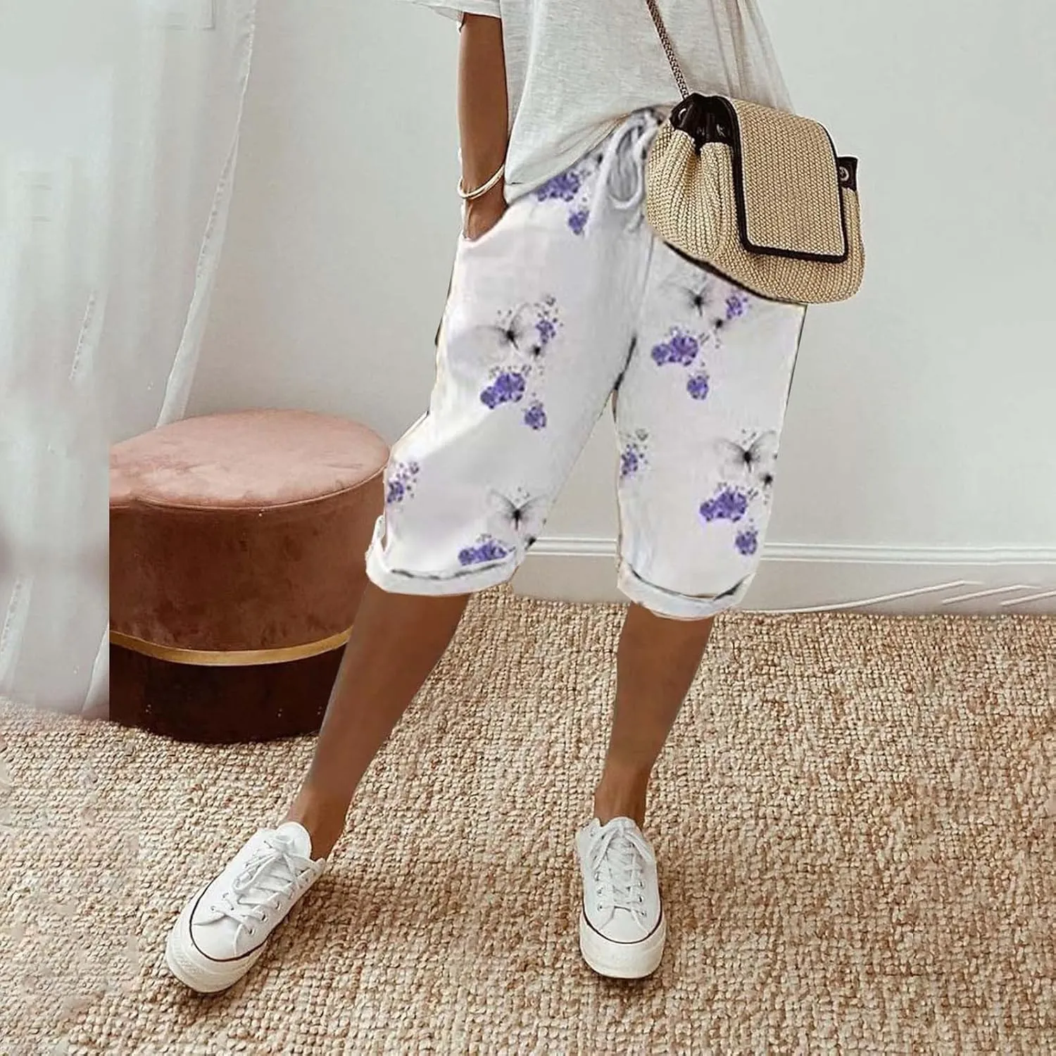 SHAOBGE Summer Pants for Women 2024 Women's Knee Length Short Pants Ladies Loose Drawstring Casual Trendy Pants